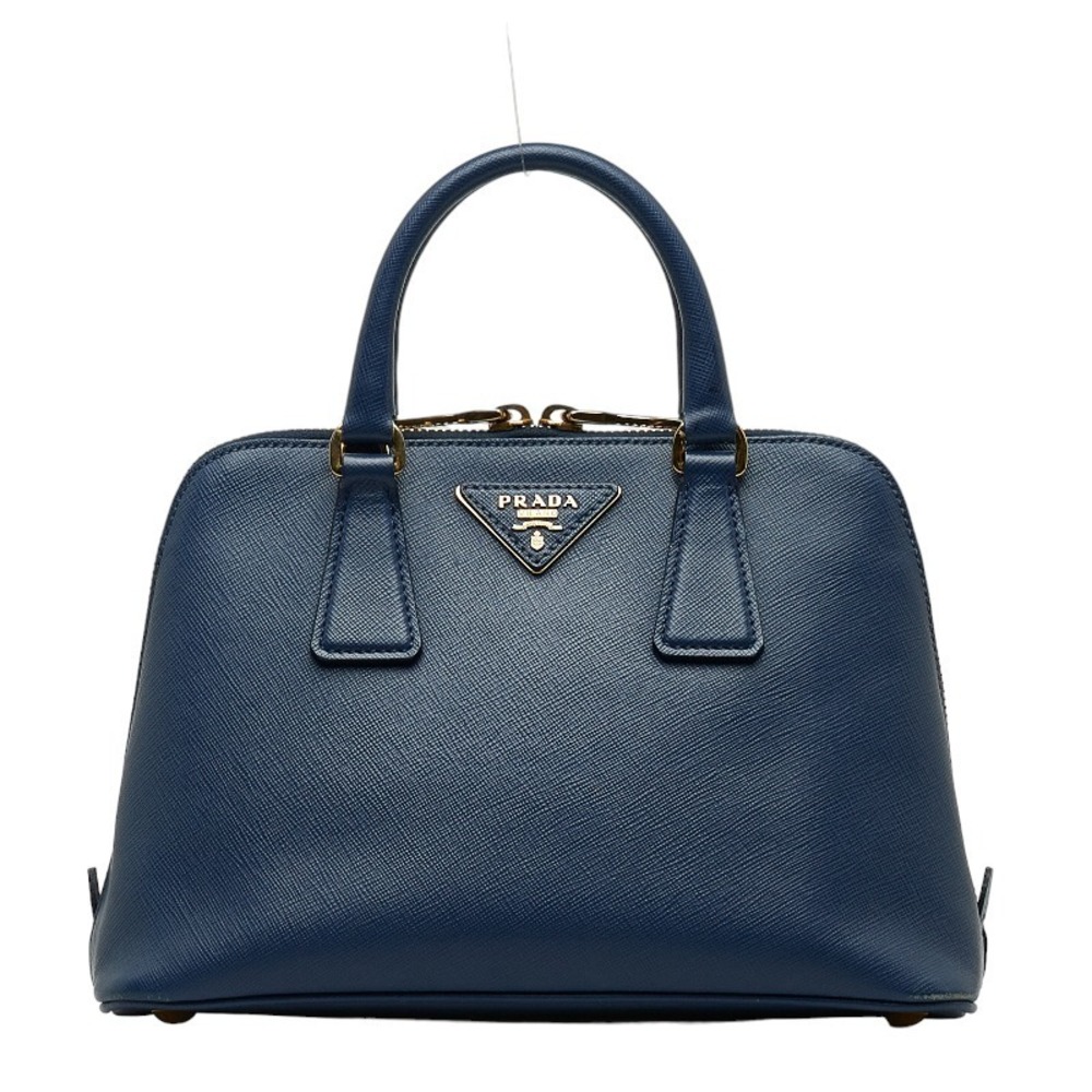 Prada Saffiano Handbag Shoulder Bag 2way Blue Gold Leather - Picture 2 of 8
